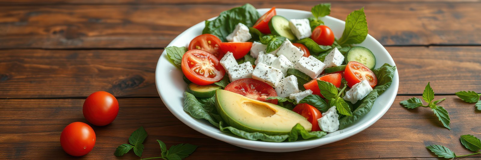 Fresh salad with tomatoes, cucumber, feta cheese, and avocado on rustic wooden table